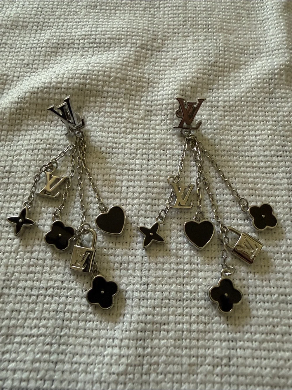 Louis Vuitton Monogram Sweet Black Enamel Silver Charm Dangle Drop Earrings